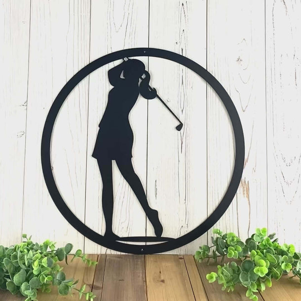 Video of woman golfer metal wall art, in matte black powder coat.